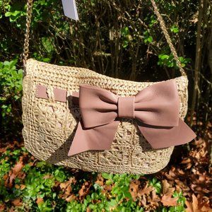 Valentino Woven Straw Envelope Purse with Blush Calf Bow +NWT!
